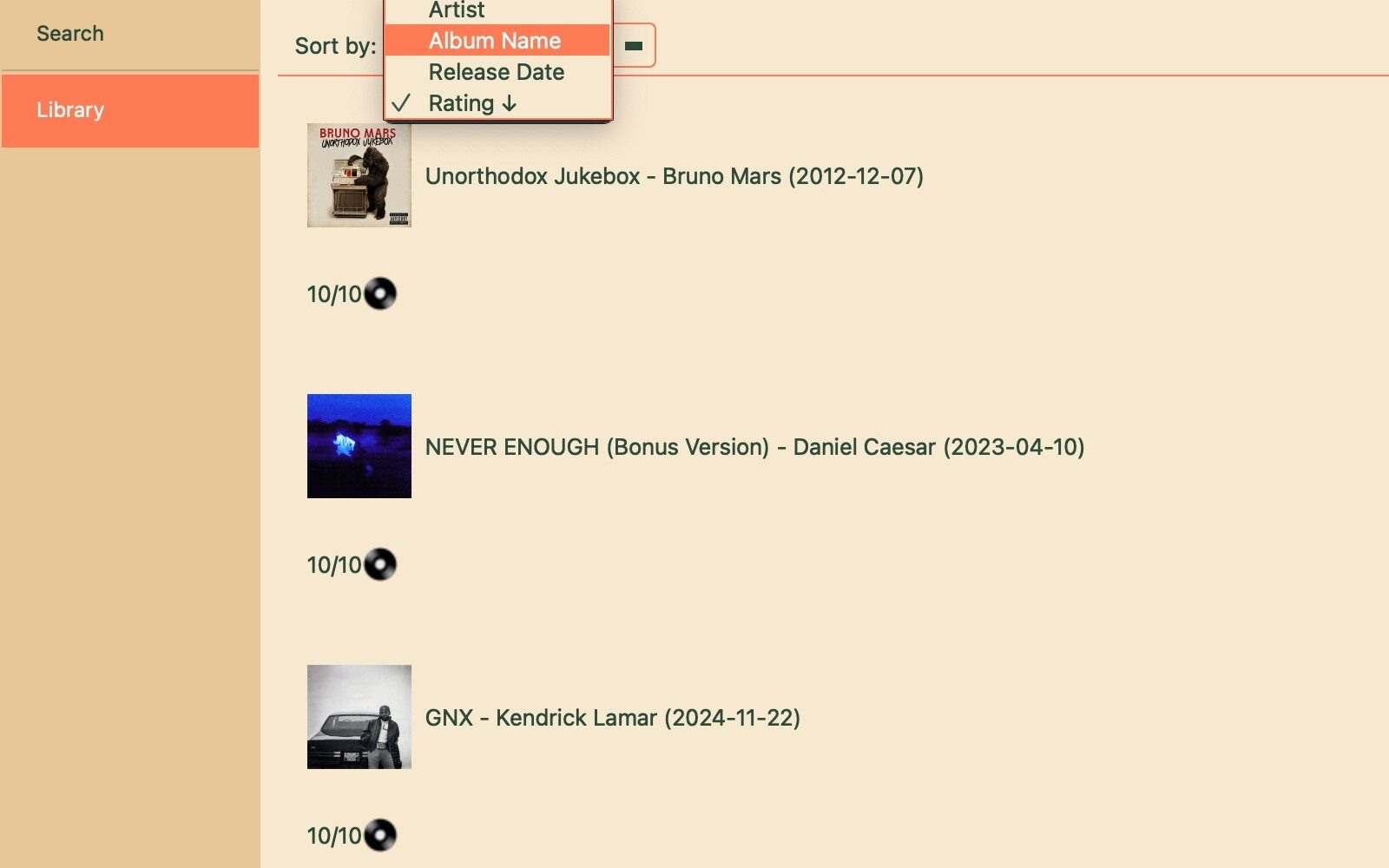 Album Collector library view listing rated albums with cover art