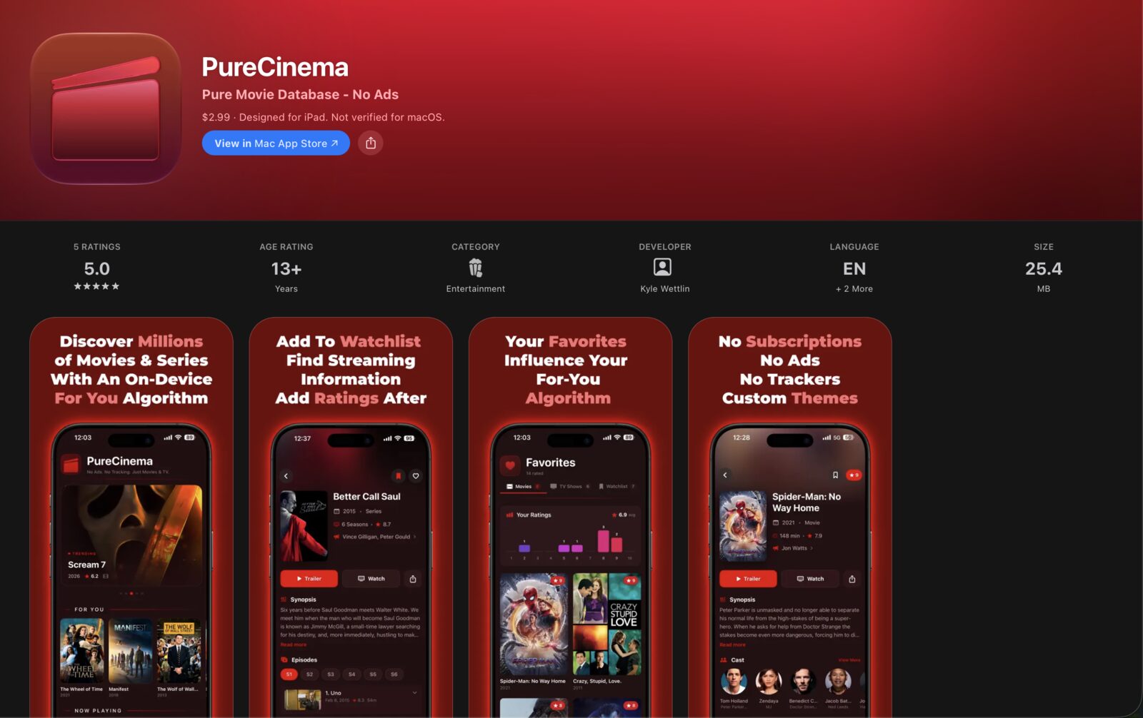 PureCinema App Store listing with screenshots of the discover, watchlist, favorites, and detail screens